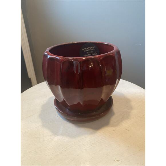 8" Better Homes And Gardens Pottery Brown Glazed Ceramic Planter With Water Tray - Picture 2 of 7